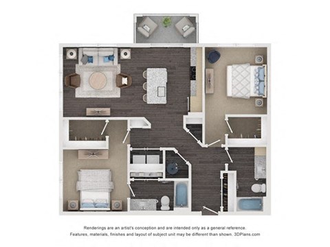 Floor plan for 2 beds, 2 baths, 1117 sqft